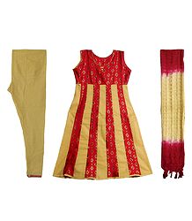 Red with Beige Printed Churidar, Kurta Set