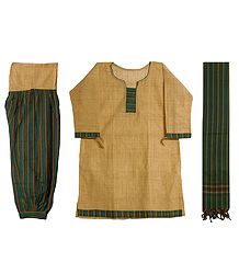 Light Yellow Cotton Kurta with Green and Yellow Striped Salwar and Chunni
