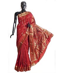 Brick Red Swarnachari Silk Saree with All-Over Zari Boota, Border and Gorgeous Pallu