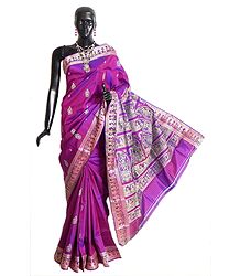 Purple with Magenta Mix Baluchari Silk Saree with All-Over Boota, Border and Gorgeous Pallu
