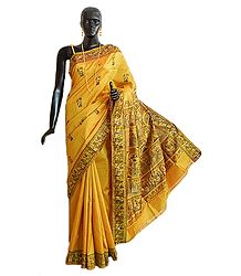 Golden Yellow Baluchari Silk Saree with All-Over Boota and Woven Mahabharata Scene on the Pallu and Border