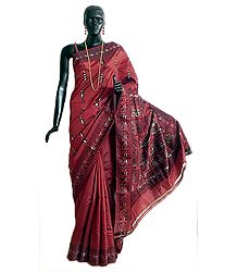 Wine Red Baluachari Silk Saree with All-Over Boota and Woven Mahabharata Scene on the Pallu and Border