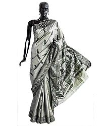 Grey Baluchari Silk Saree with All-Over Boota and Woven Gita-Updesh by Krishna to Arjuna in Black Thread on the Pallu