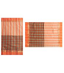 Saffron Stripe Bengal Tant Saree with Saffron and Black Border
