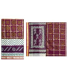 Maroon with White Bengal Tant Saree with Golden Print