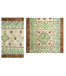 Ivory Bengal Cotton Saree with Green and Brown Print