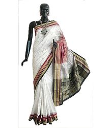 White Bomkai Orissa Silk Saree with All-Over Boota with Border and Gorgeous Pallu