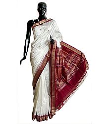 White South Silk Saree with Woven Bomkai Design in Pallu and Border with Maroon, Yellow and Green
