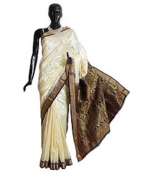 Off-White South Silk Saree with Woven Bomkai Design Pallu and Border in Dark Brown, Rust and Golden Zari