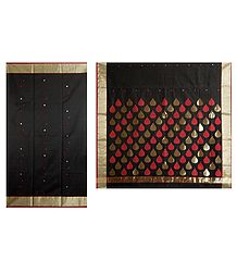 All-Over Golden and Red  Boota on Black Chanderi Saree with Zari Border and Pallu