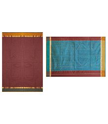 Brick Red Chanderi Saree with Zari Stripe Blue Border