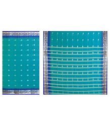 Cyan Blue Synthetic Saree with Dark Blue Border and All-Over Zari Boota