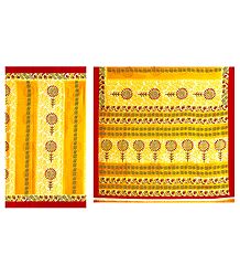 Printed Yellow Synthetic Saree with Red Border