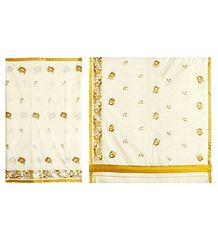 Golden Thread Embroidery on Off-White Kasavu Saree