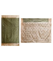 Green Cotton Silk Sari with All-Over Boota and Light Peach Border