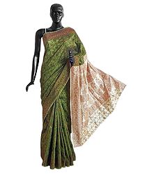 Green Cotton Silk Saree with Weaved Design All-Over and Off-White Anchal 