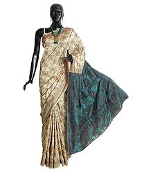 Ivory White Cotton Silk Saree with Weaved Design All-Over and Dark Cyan Anchal 