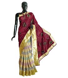 Embroidered Ghicha Silk Half N Half Saree with Multicolor Weaved Design