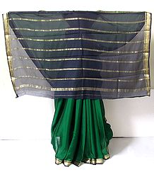 Dark Green Crepe Silk Saree with Black Border and Pallu with Zari Work