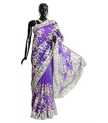 Dark Mauve Net Saree with Embroidered  Pallu and Border
