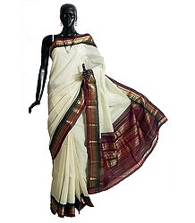 Off-White Self Check Cotton Gadwal Saree with Maroon and Green with Golden Zari Border and Pallu from Andhra Pradesh