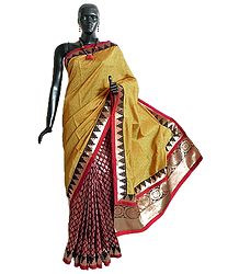 Yellow and Maroon Ghicha Silk Half N Half Saree with Golden Zari Design