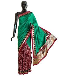 Green and Maroon Half N Half Ghicha Silk Saree with Golden Zari Design