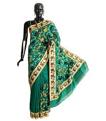 Dark Cyan Dupion Silk Saree with Paisley Embroidery