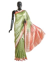 Lime Green with Light Burgundy Art Silk Saree with Woven Floral Design All-Over 