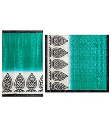 Self Design Cyan Blue Satin Silk Saree with Black and White Printed Border and Pallu