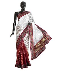 Maroon and White Jute Silk Saree with Zari Border and Pallu