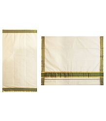 Off-White Kasavu Saree with Green and Golden Zari Border
