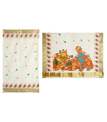 Off-White Kasavu Saree with Zari Border and Painted Radha Krishna on Pallu