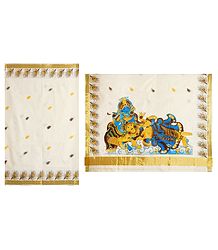 Radha Krishna Painting on Off-White Kasavu Saree with Zari Border and Pallu