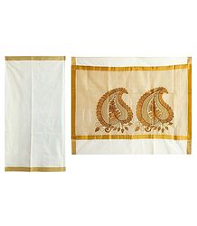 Off-White Kasavu Saree with Embroidered Pallu and Golden Border