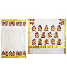 Hand Painted Off-White Kasavu Saree with Zari Border and Pallu