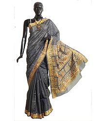 Dark Grey Kosha Tussar Silk Saree with Baluchari Design Border and Pallu with All-Over Boota