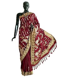 Maroon Dupion Silk Saree with All-Over Sequin qnd Zari Embroidery