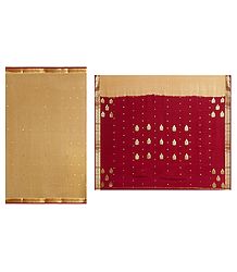 Beige Mysore Crepe Silk Saree with Dark Red Border and Pallu with Zari