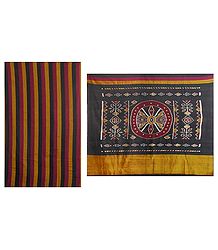 Maroon, Black and Yellow Stripe All Over in Orissa Cotton Sari with Ikat Pallu
