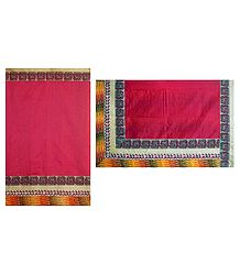 Red Cotton Silk Kota Saree with Madhubani Print Border and Ikkat Pallu