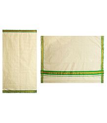 White Kerala Cotton Saree with Green Check and Border