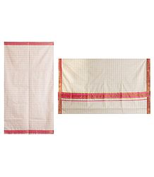 White Kerala Cotton Saree with Pink Check and Border