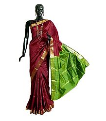 Maroon South Silk Saree with All-Over Zari Boota, Zari Border and Green Pallu