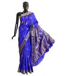Royal Blue Swarnachari Silk Saree with All-Over Boota and Woven King and Queen Design on the Pallu