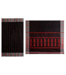 Red Weaved Design on Black Cotton Tangail Saree for Women