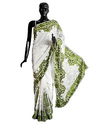 Parsi Embroidered White Georgette Brasso Saree with Green Border and Pallu 