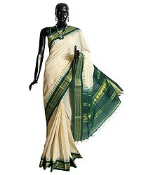 White Cotton Gadwal Saree with Green and Golden Zari Border and Pallu