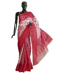 White Cotton Dhakai Jamdani Saree with Red Weaved Design All-Over