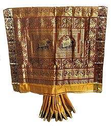 Yellow Swarnachari Saree with Golden Zari Border and Pallu Depicting Royal Elephants and Folk Dancers